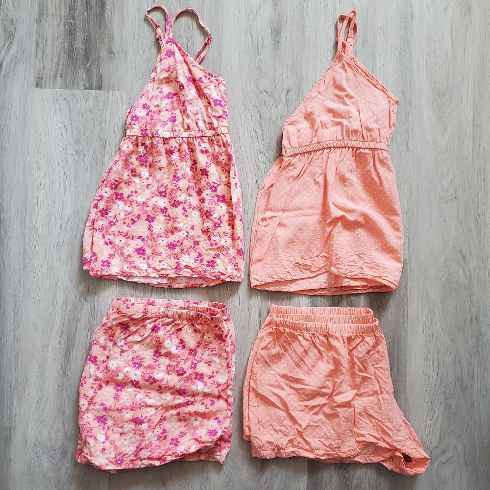 Peach Floral And Polka Dot Cami & Shorts Pajama Sets - La Vie En Rose - M